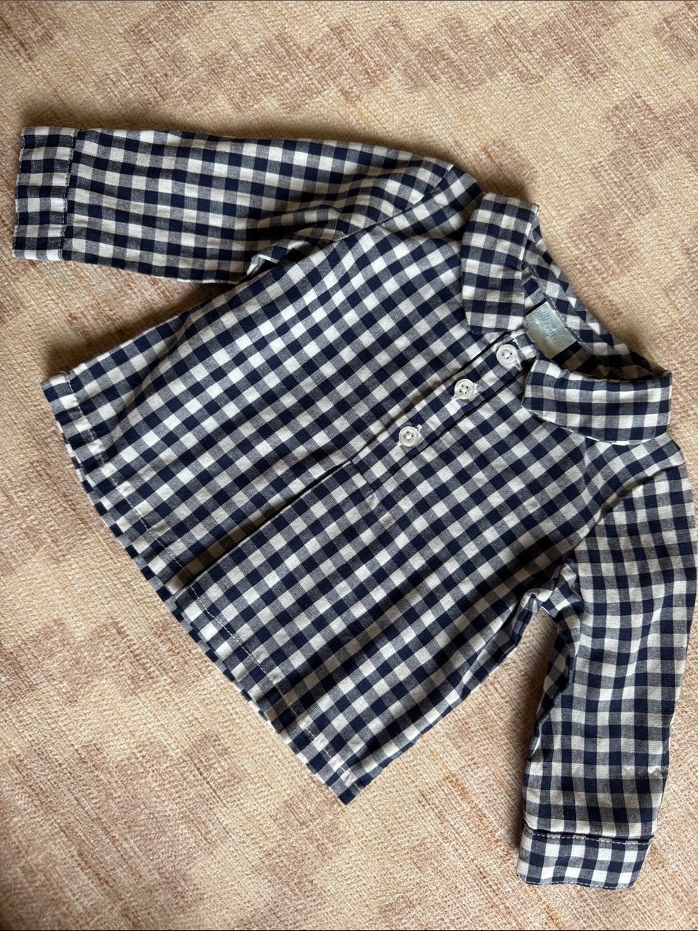 Edgehill Collection Navy & White Gingham Pullover Shirt Mandarin Collar size 3M